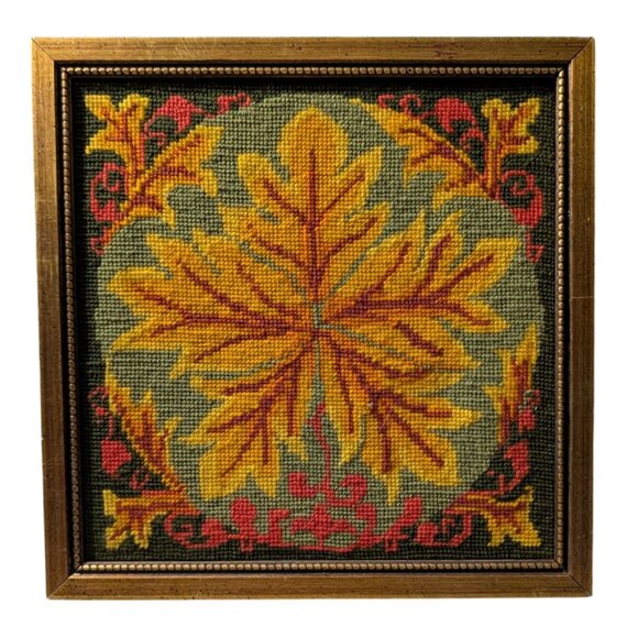 Vintage WonderArt "Foliage" Framed Needlepoint Fall Maple leaf Halloween - Picture 10 of 16